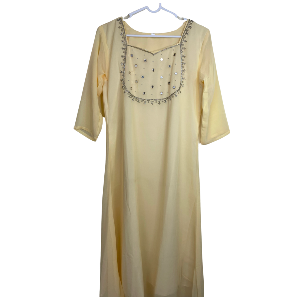 Yellow Georgette Hand work aline kurti - Image 2