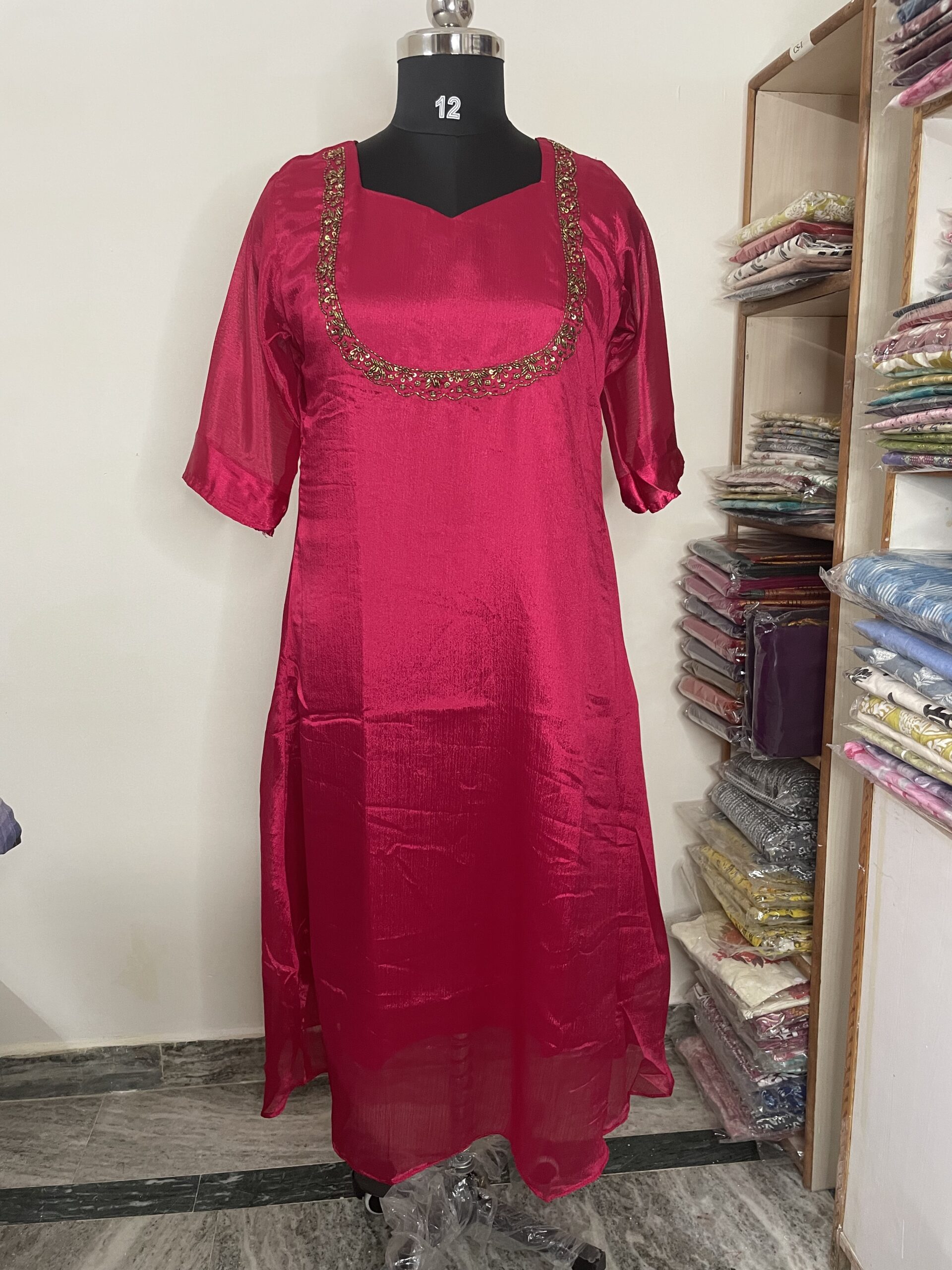 Pink Georgette Hand work aline kurti - Image 2