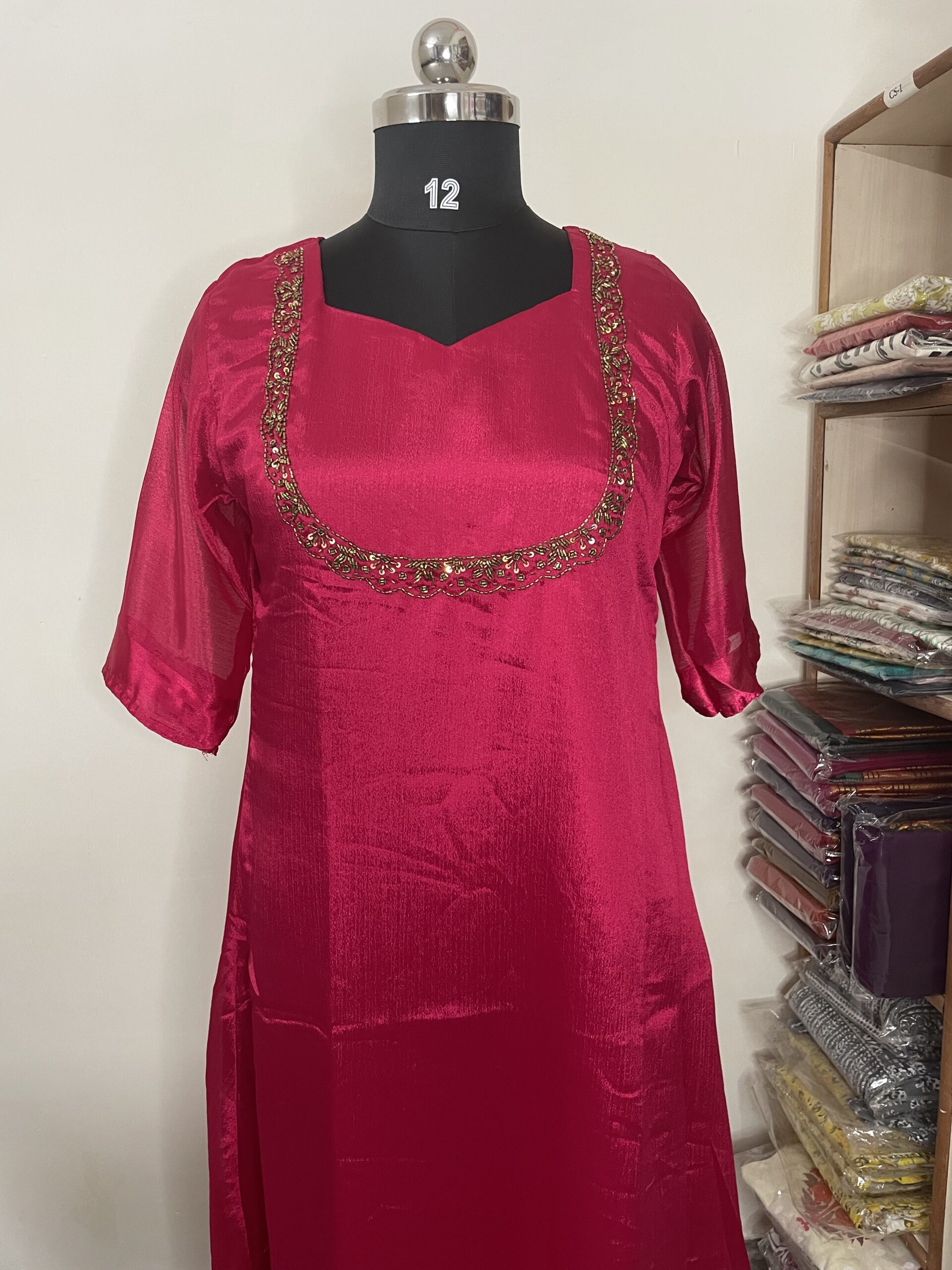 Pink Georgette Hand work aline kurti - Image 3