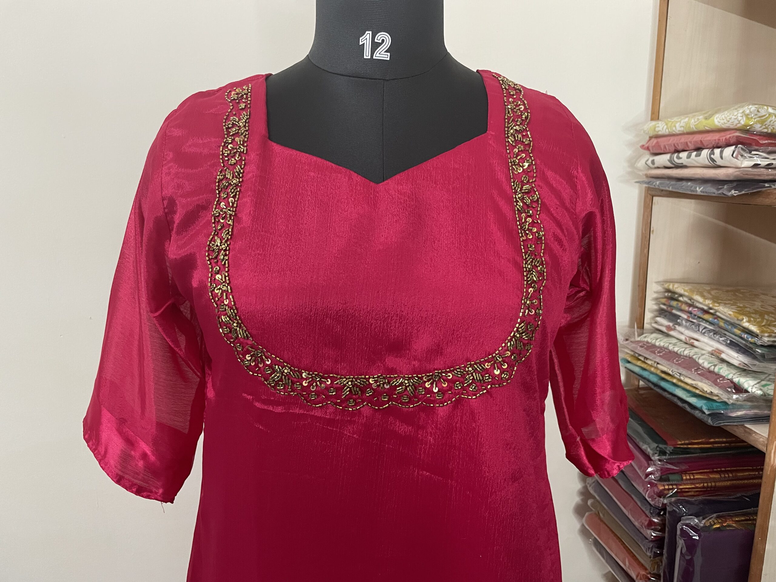 Pink Georgette Hand work aline kurti - Image 4